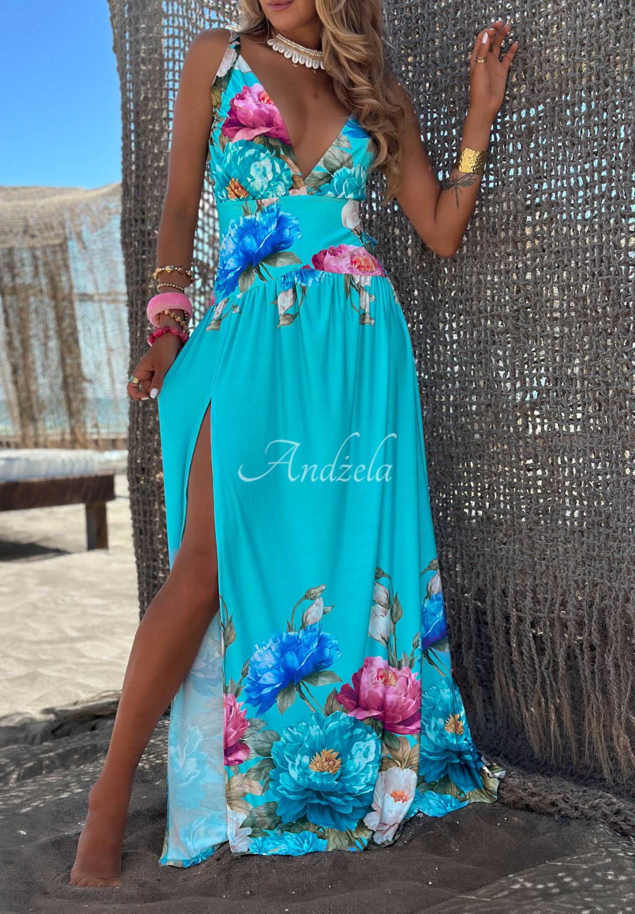 Rochie maxi florală din viscoză cu fantă Florisse