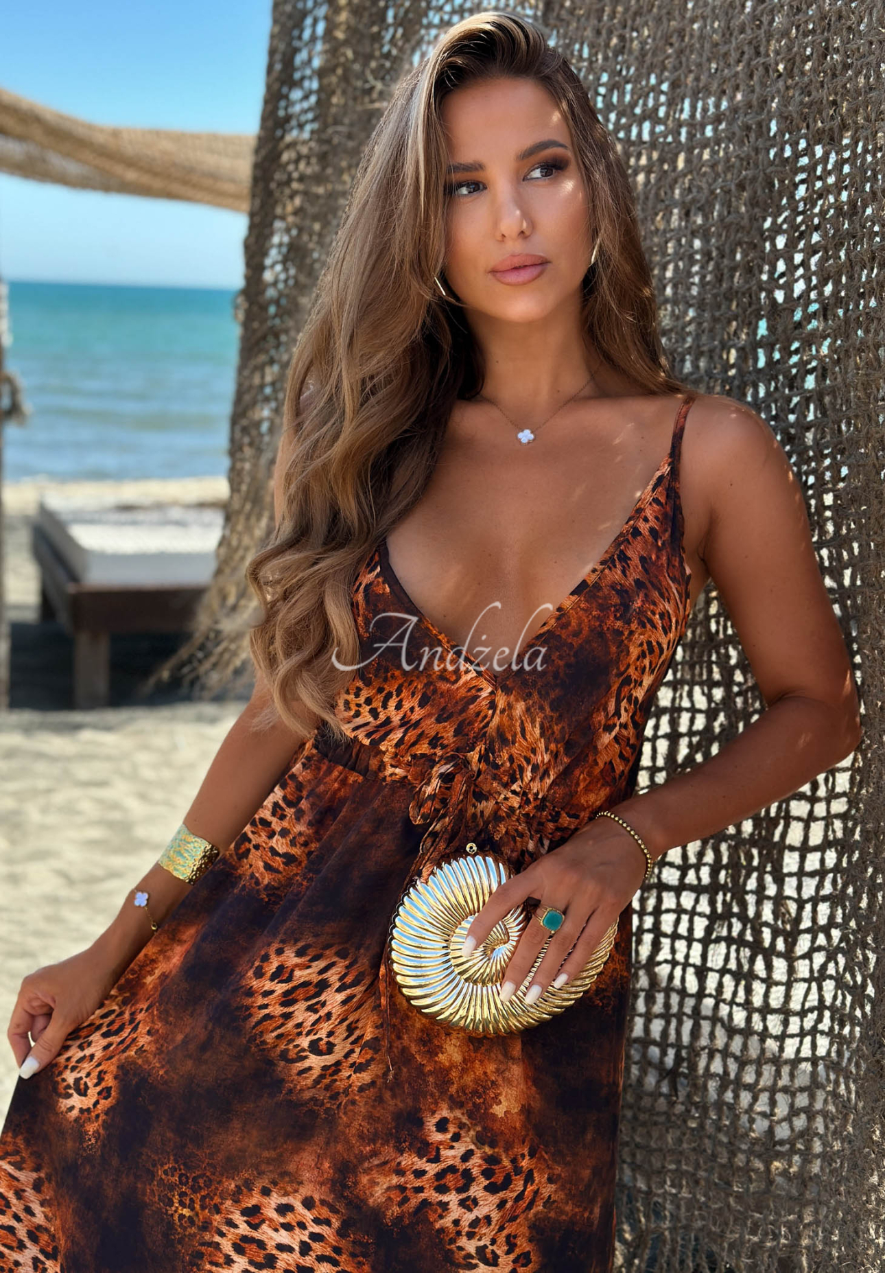 Rochie maxi cu bretele și imprimeu leopard Sun Lava