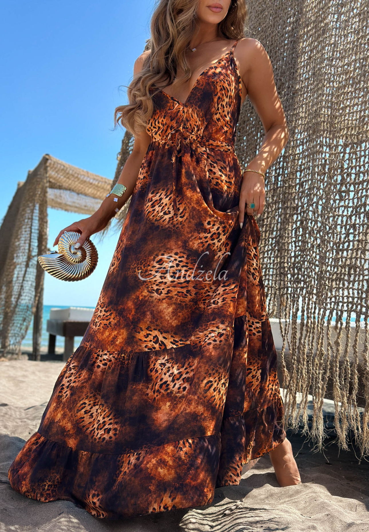 Rochie maxi cu bretele și imprimeu leopard Sun Lava