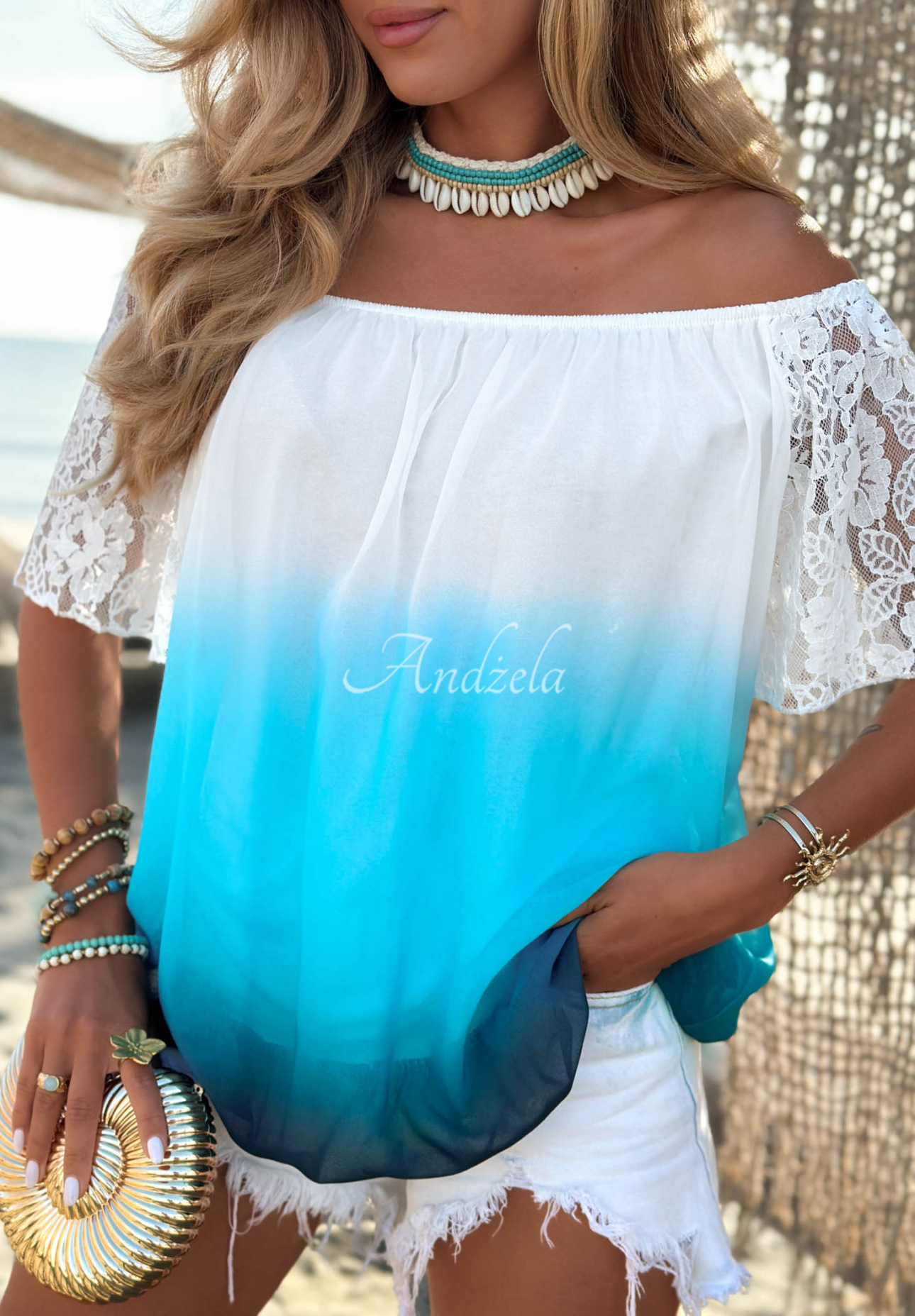 Bluză spaniolă ombre cu dantelă Endless Azure