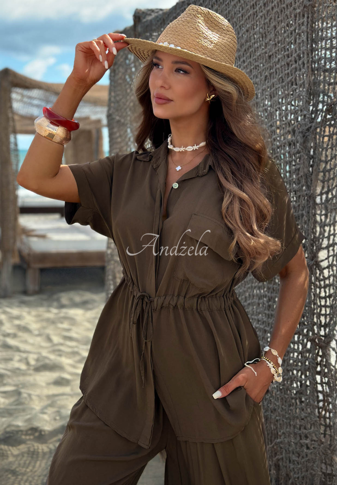 Set din viscoză cu cămașă cu șnur reglabil și pantaloni wide leg Elite Summer