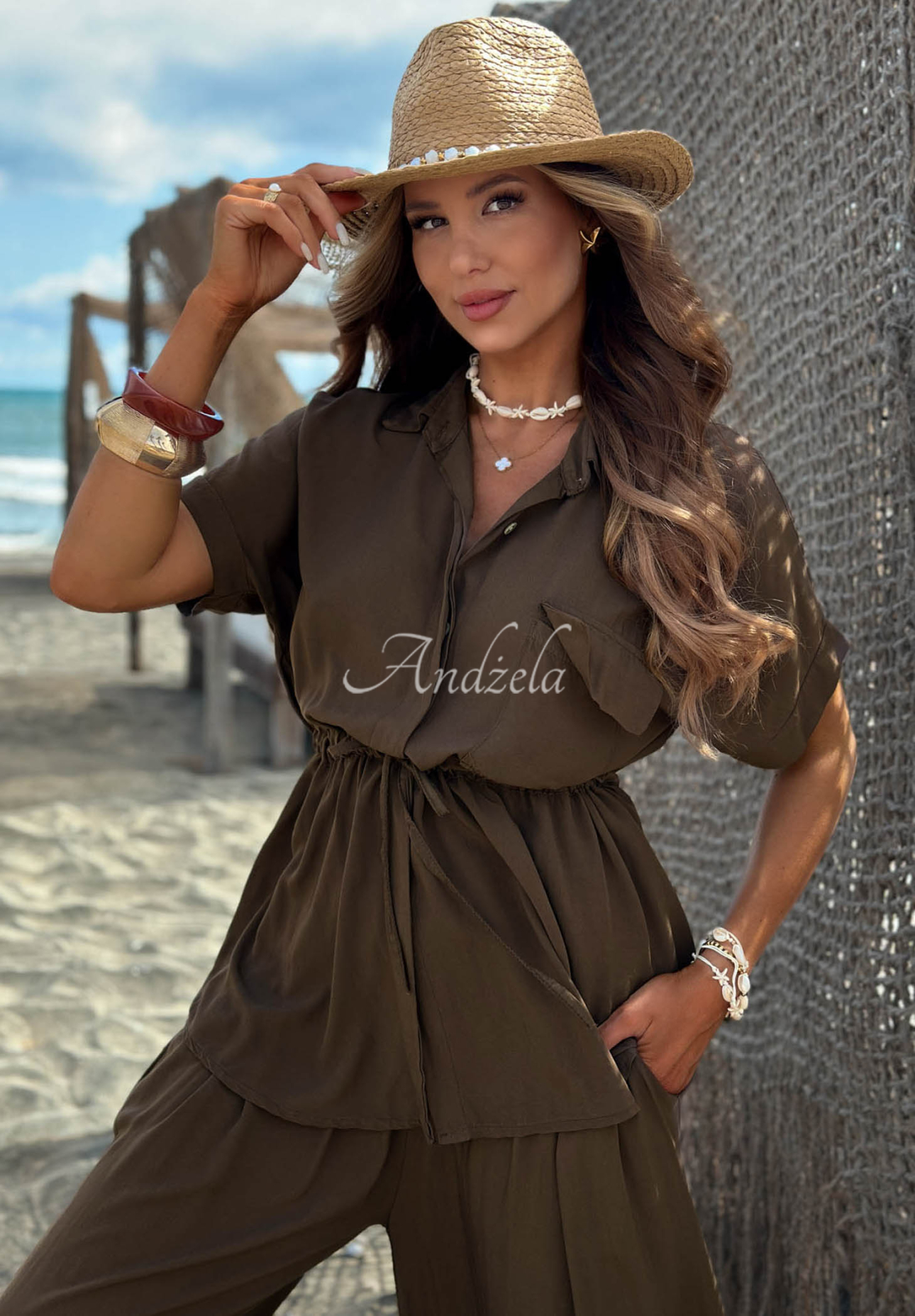 Set din viscoză cu cămașă cu șnur reglabil și pantaloni wide leg Elite Summer