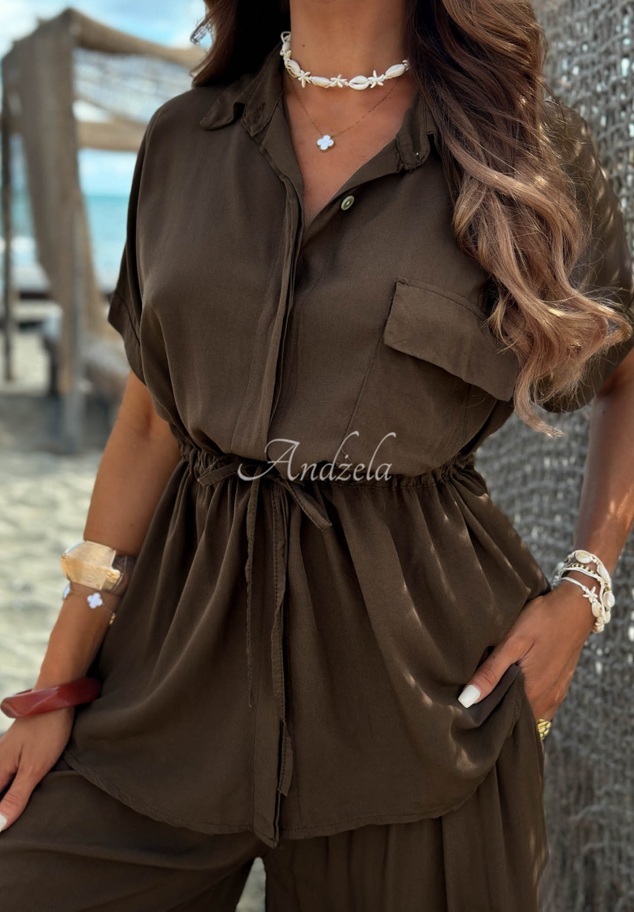 Set din viscoză cu cămașă cu șnur reglabil și pantaloni wide leg Elite Summer