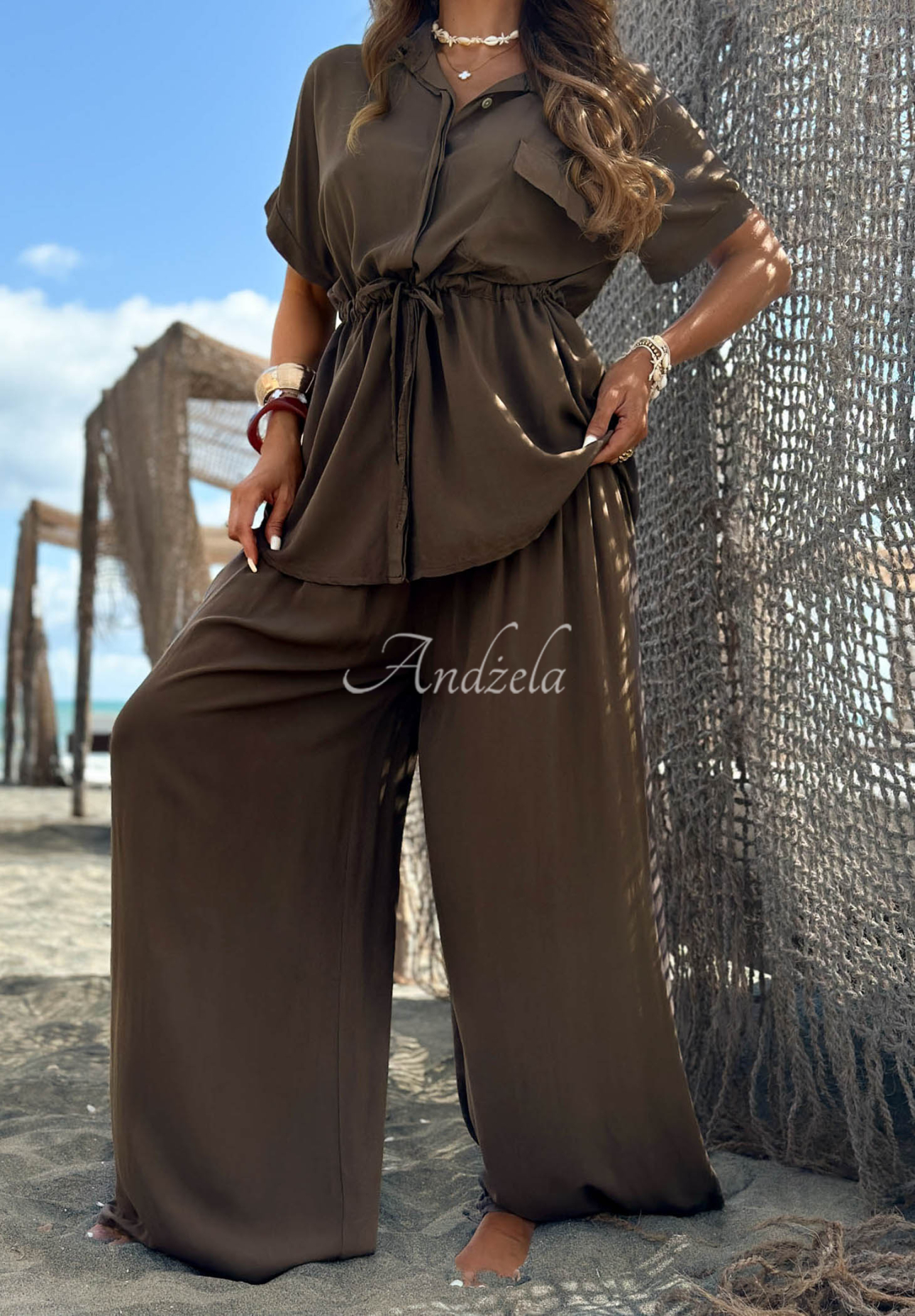 Set din viscoză cu cămașă cu șnur reglabil și pantaloni wide leg Elite Summer