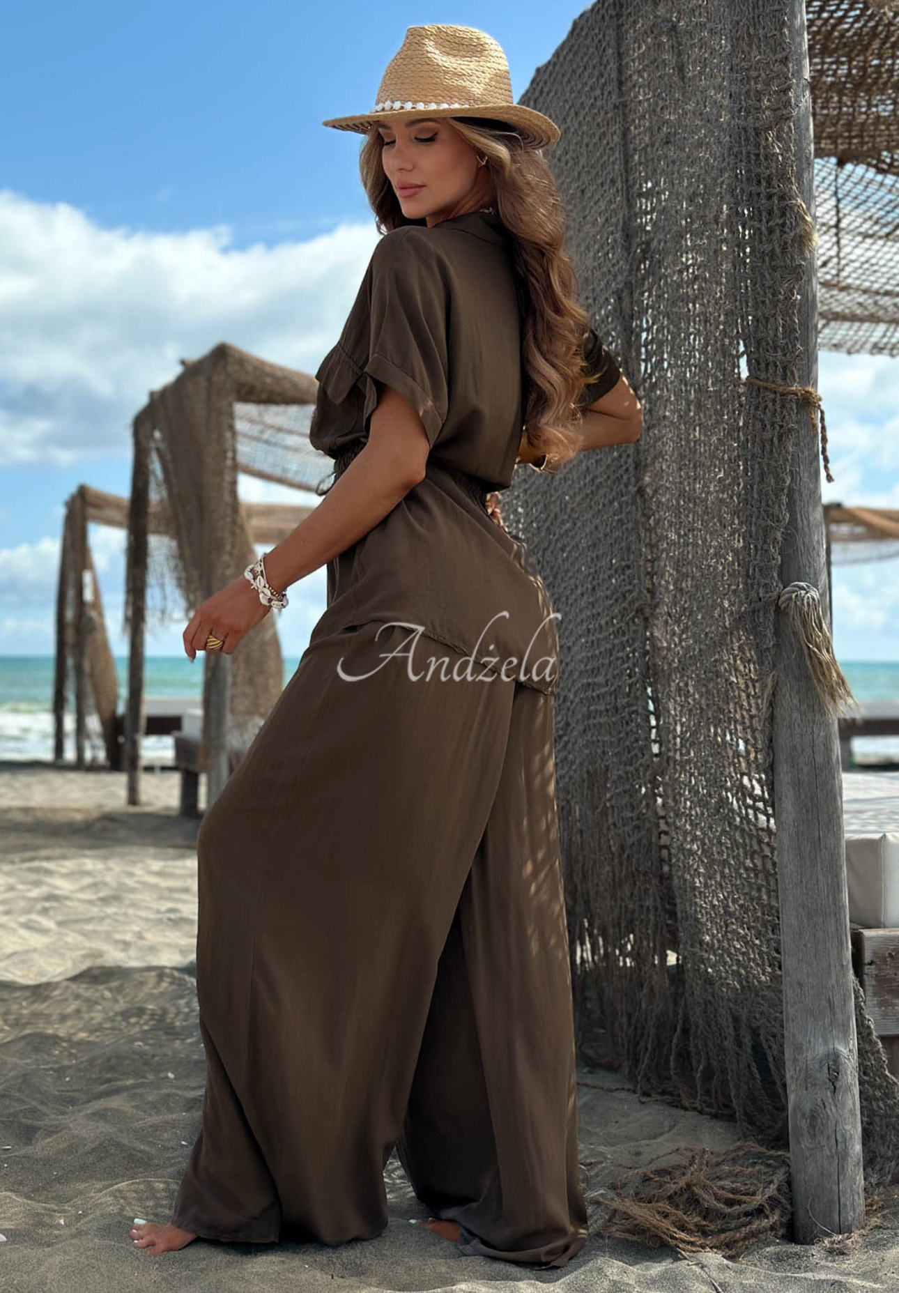 Set din viscoză cu cămașă cu șnur reglabil și pantaloni wide leg Elite Summer