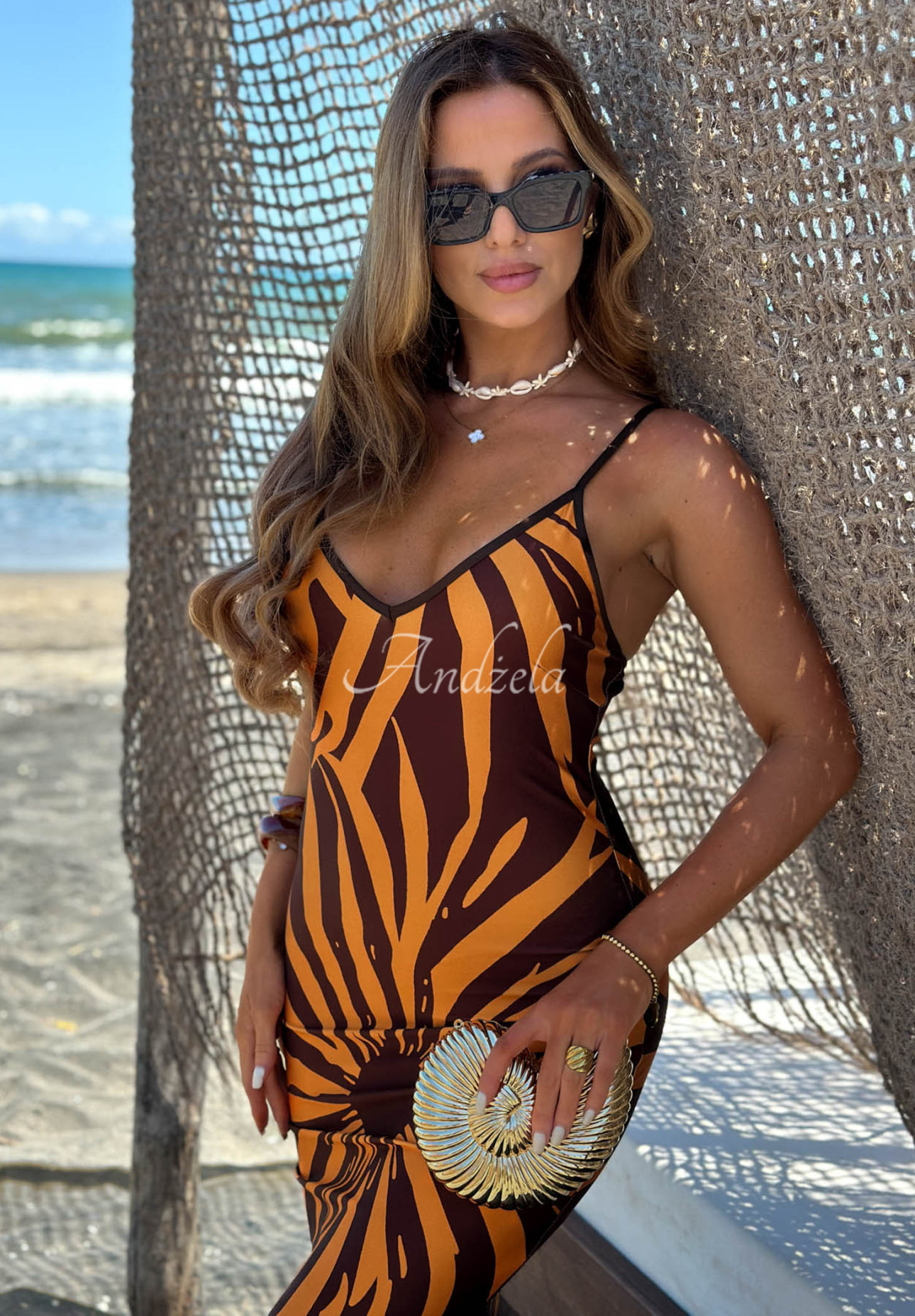 Rochie maxi cu bretele și imprimeu Sun Flames