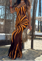 Rochie maxi na ramiączkach cu modele Sun Flames ciocolatie