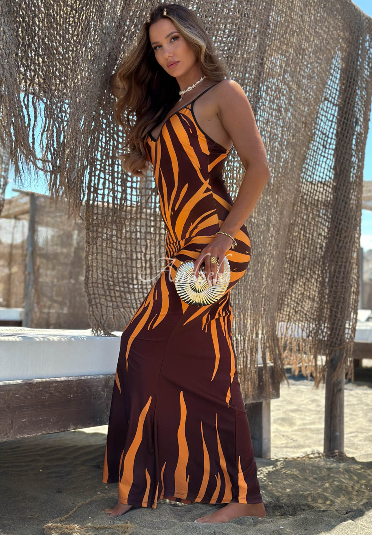 Rochie maxi cu bretele și imprimeu Sun Flames