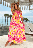 Kwiecista Rochie Cu croială spaniolă maxi z falbankami Bloom Coast pomarańczowo-roz