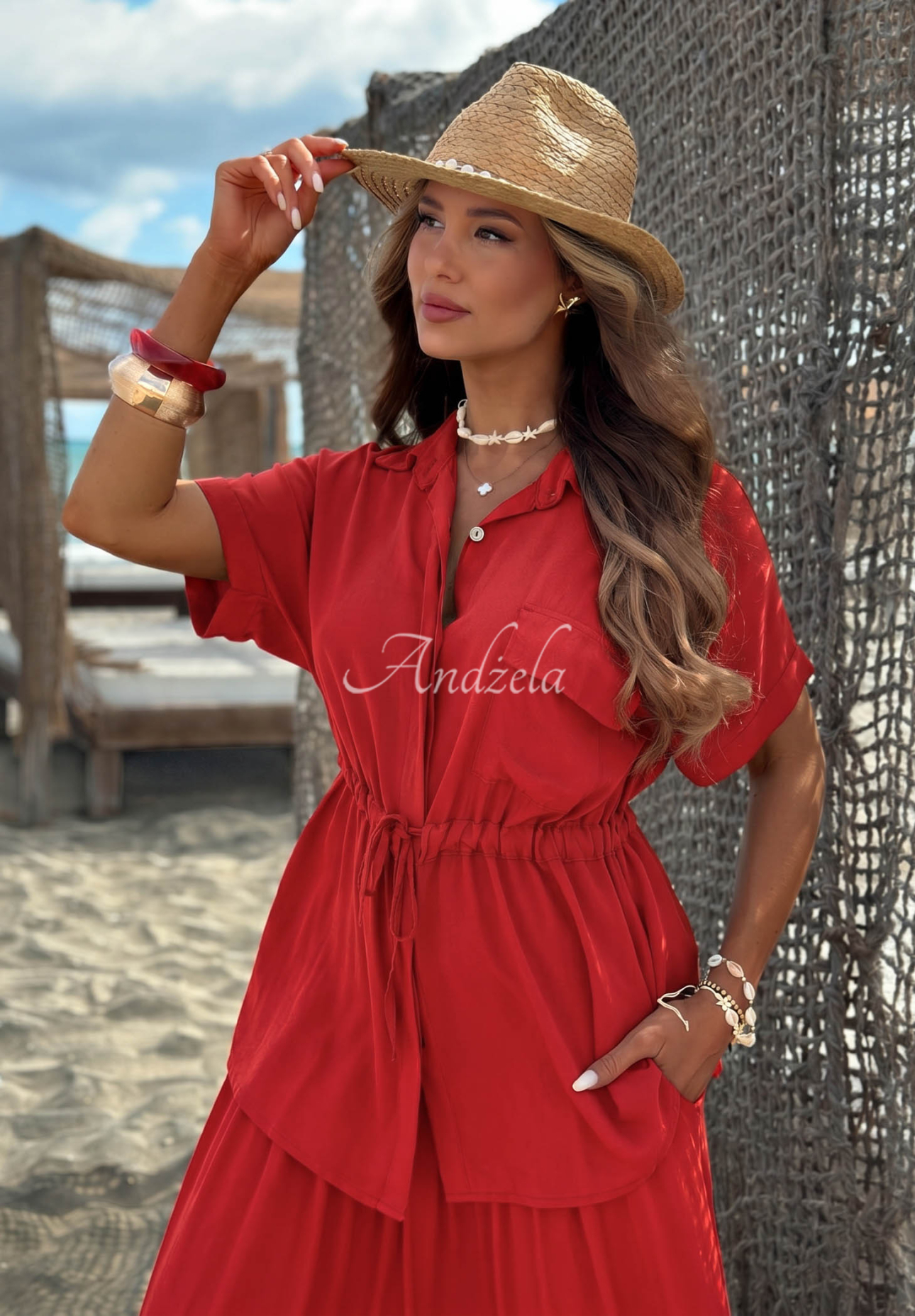 Set din viscoză cu cămașă cu șnur reglabil și pantaloni wide leg Elite Summer