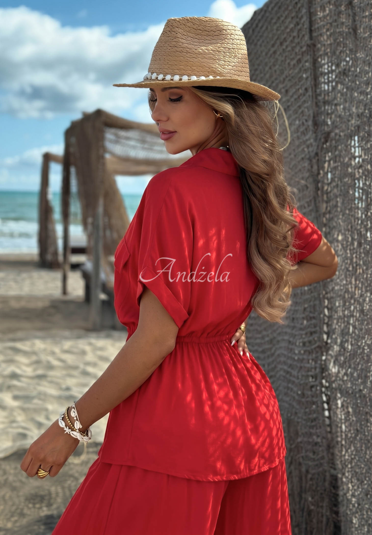 Set din viscoză cu cămașă cu șnur reglabil și pantaloni wide leg Elite Summer