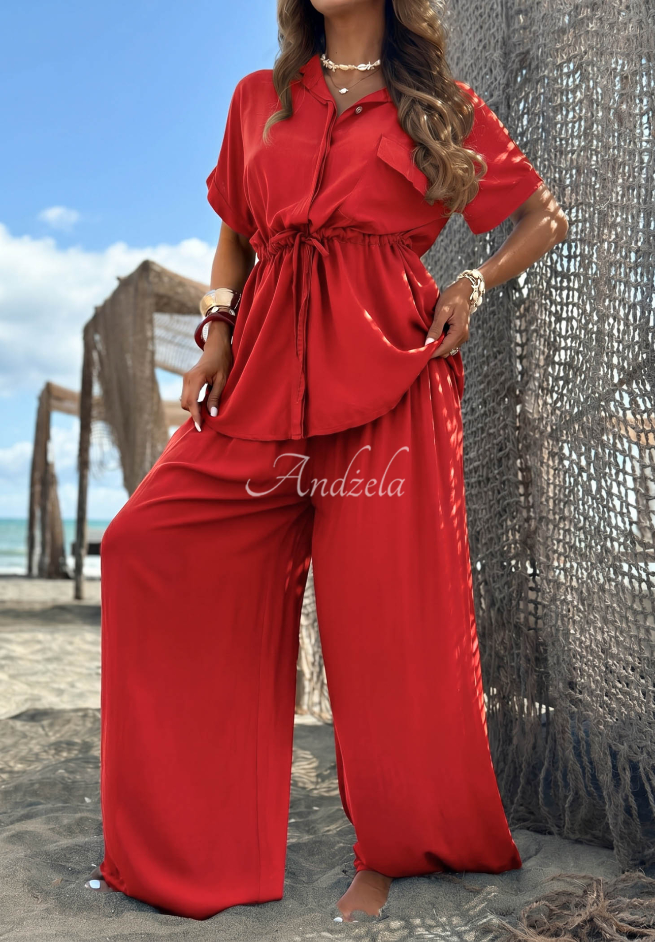 Set din viscoză cu cămașă cu șnur reglabil și pantaloni wide leg Elite Summer