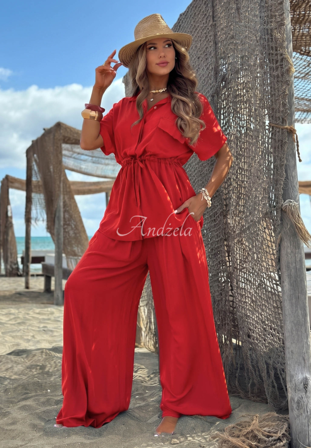 Set din viscoză cu cămașă cu șnur reglabil și pantaloni wide leg Elite Summer