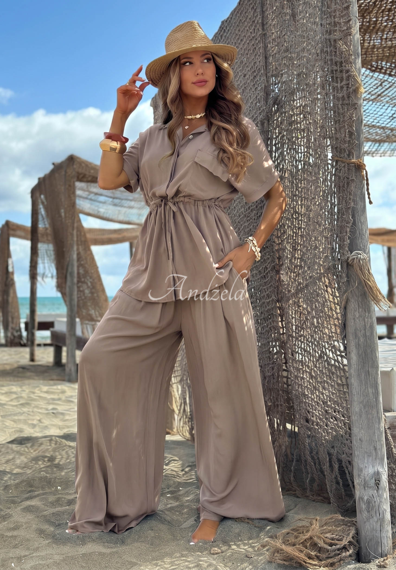 Set din viscoză cu cămașă cu șnur reglabil și pantaloni wide leg Elite Summer