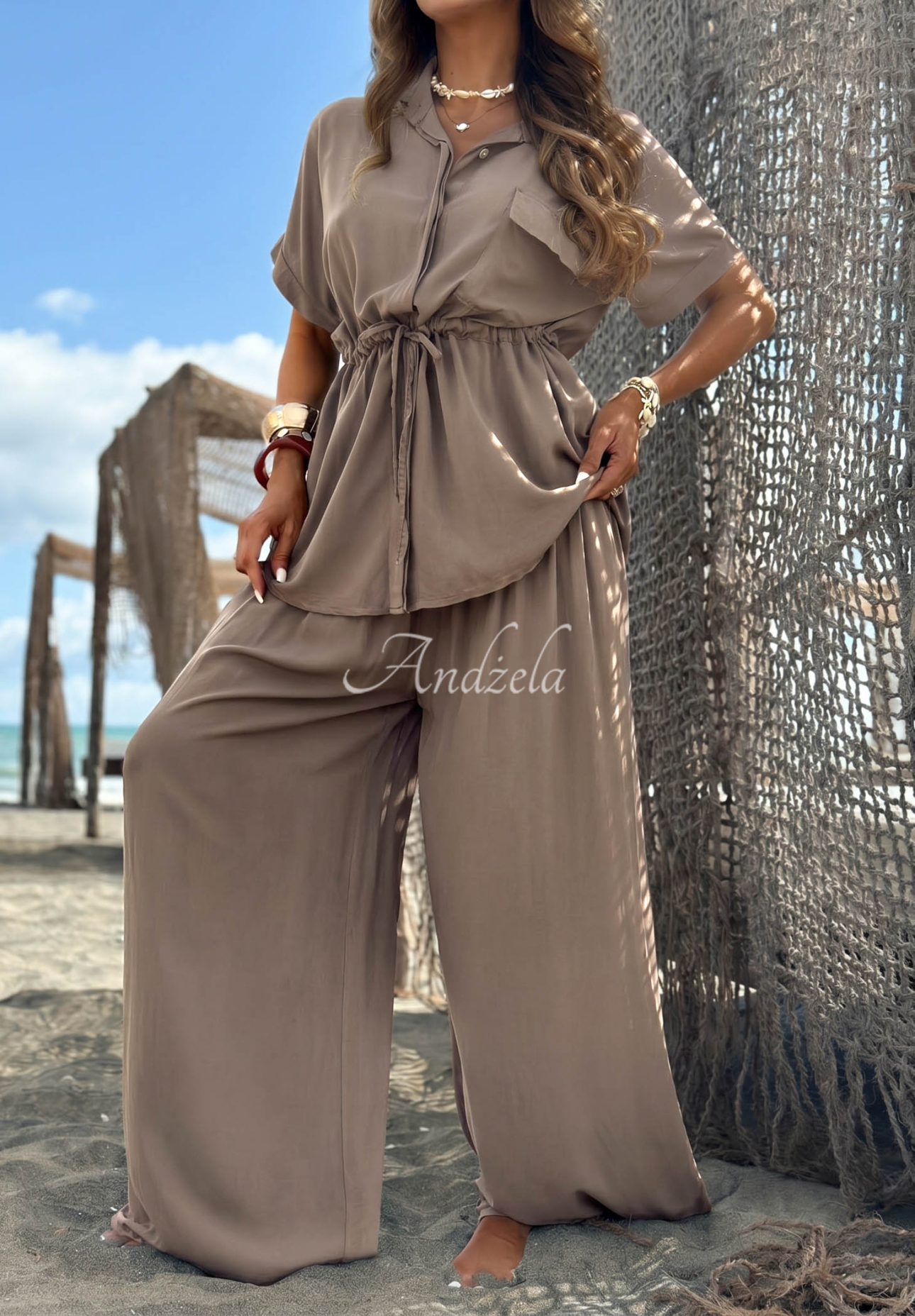 Set din viscoză cu cămașă cu șnur reglabil și pantaloni wide leg Elite Summer