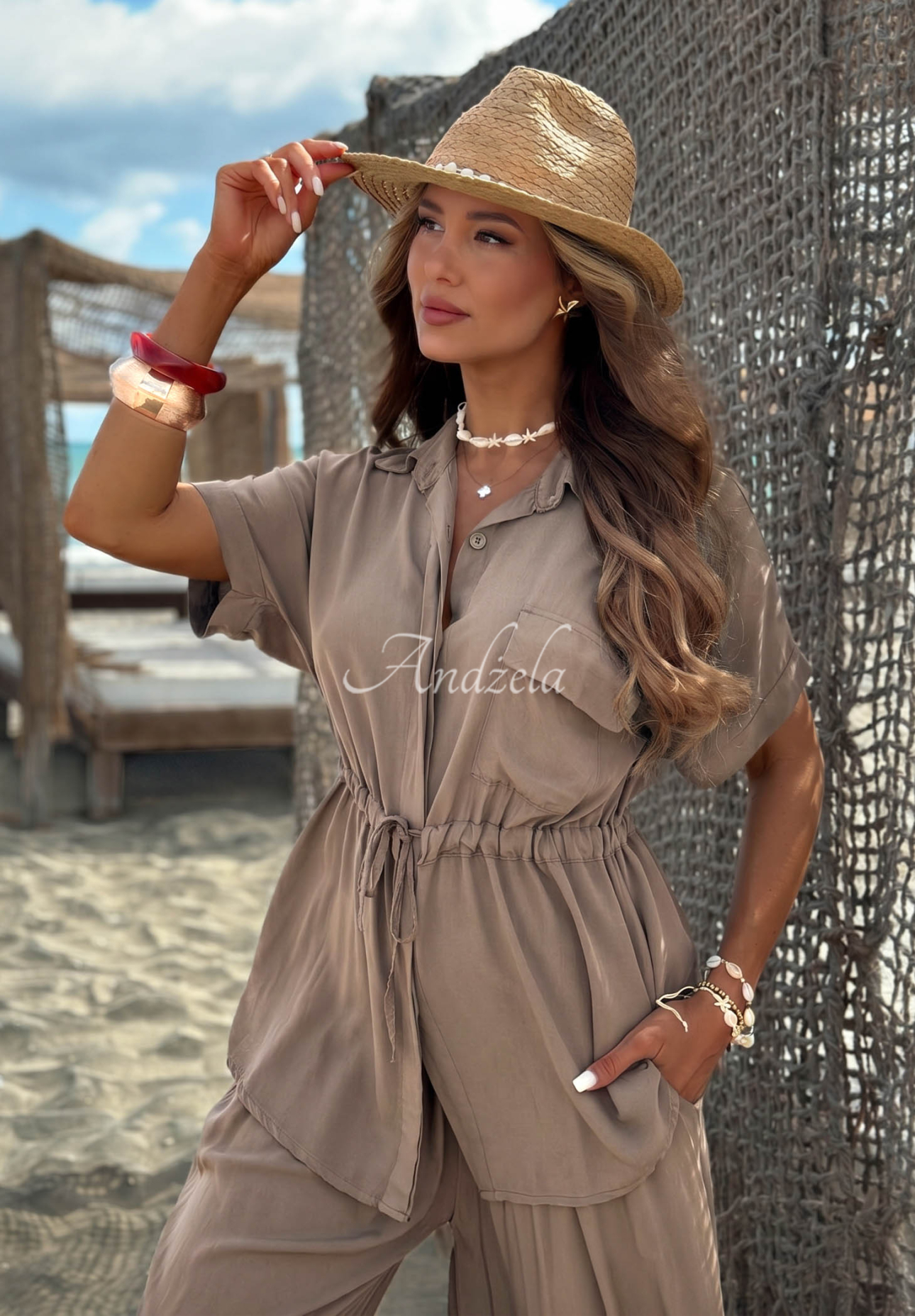 Set din viscoză cu cămașă cu șnur reglabil și pantaloni wide leg Elite Summer