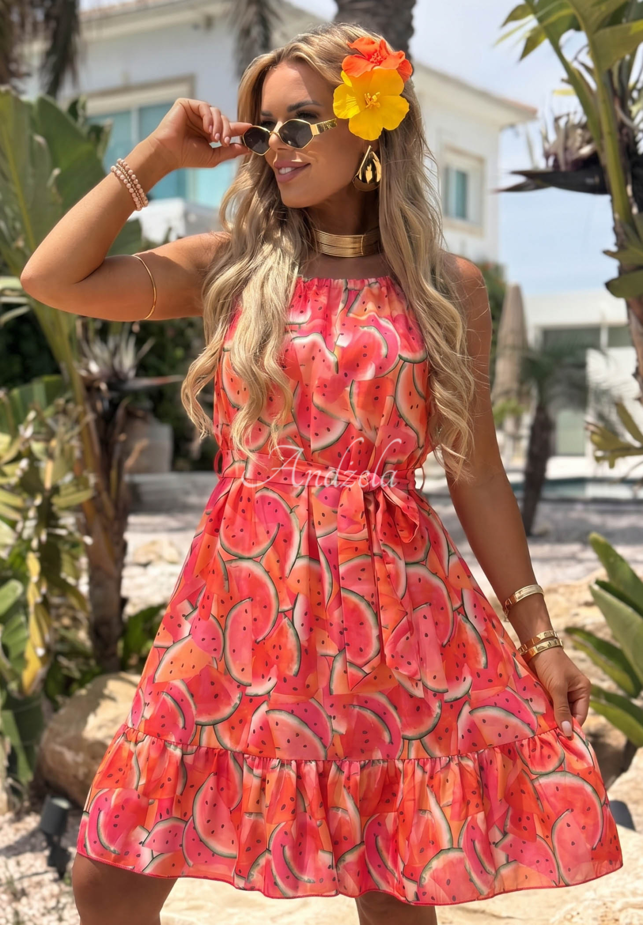 Rochie mini cu bretele și imprimeu pepene verde Tropical Slice