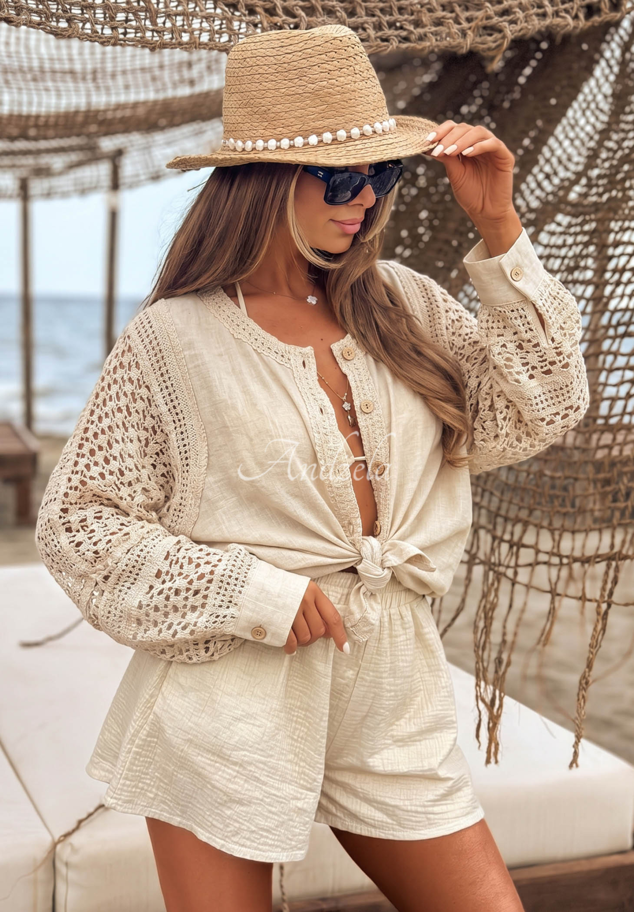 Cămașă ajurată boho din in și viscoză Dolce Sunshine