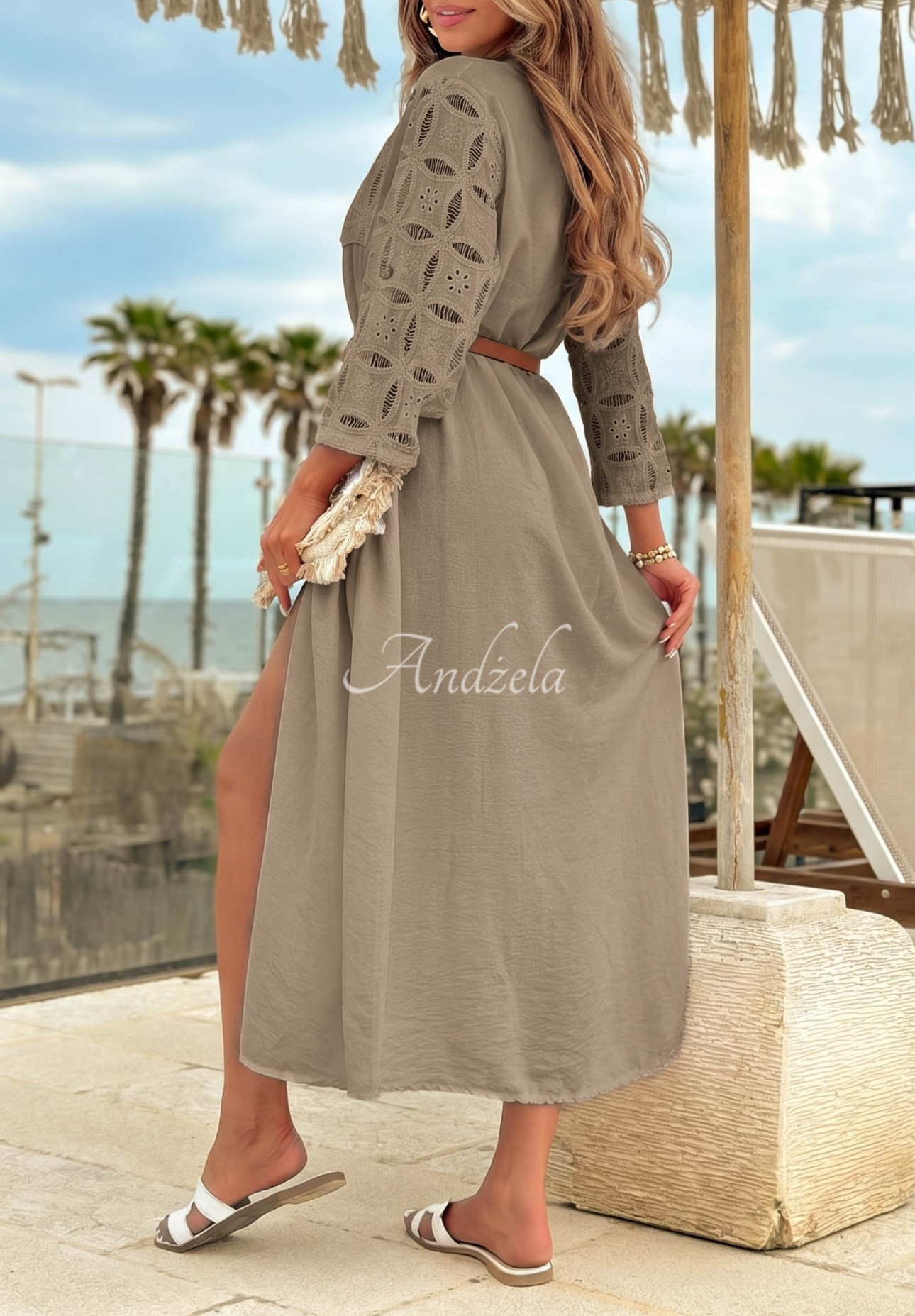 Rochie tip cămașă din viscoză cu curea și dantelă Coral Sunset