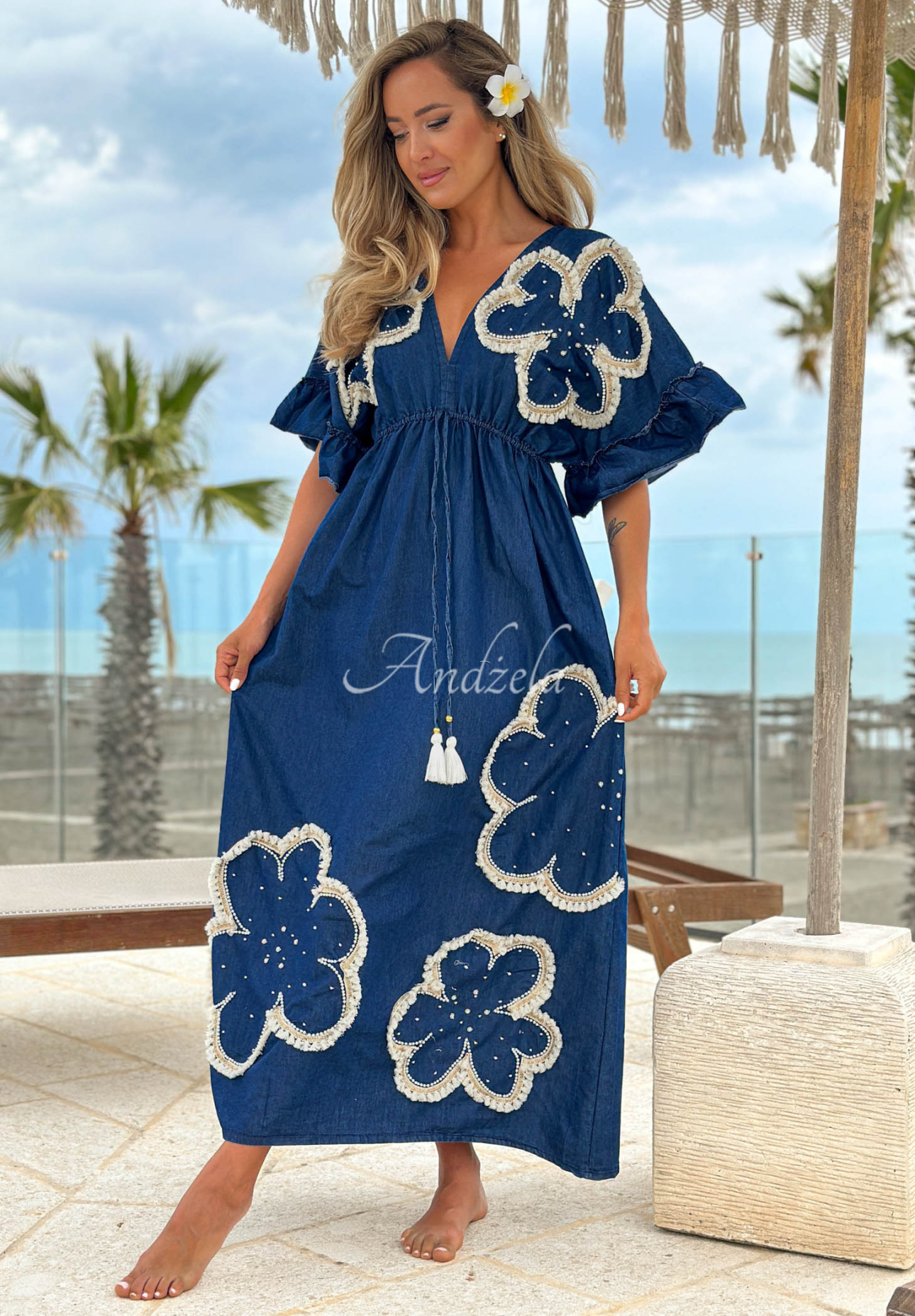 Rochie maxi din bumbac cu flori brodate Lagoon Bloom