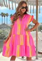 Wzorzysta Rochie mini z falbankami Hello Sunshine różowo-galben