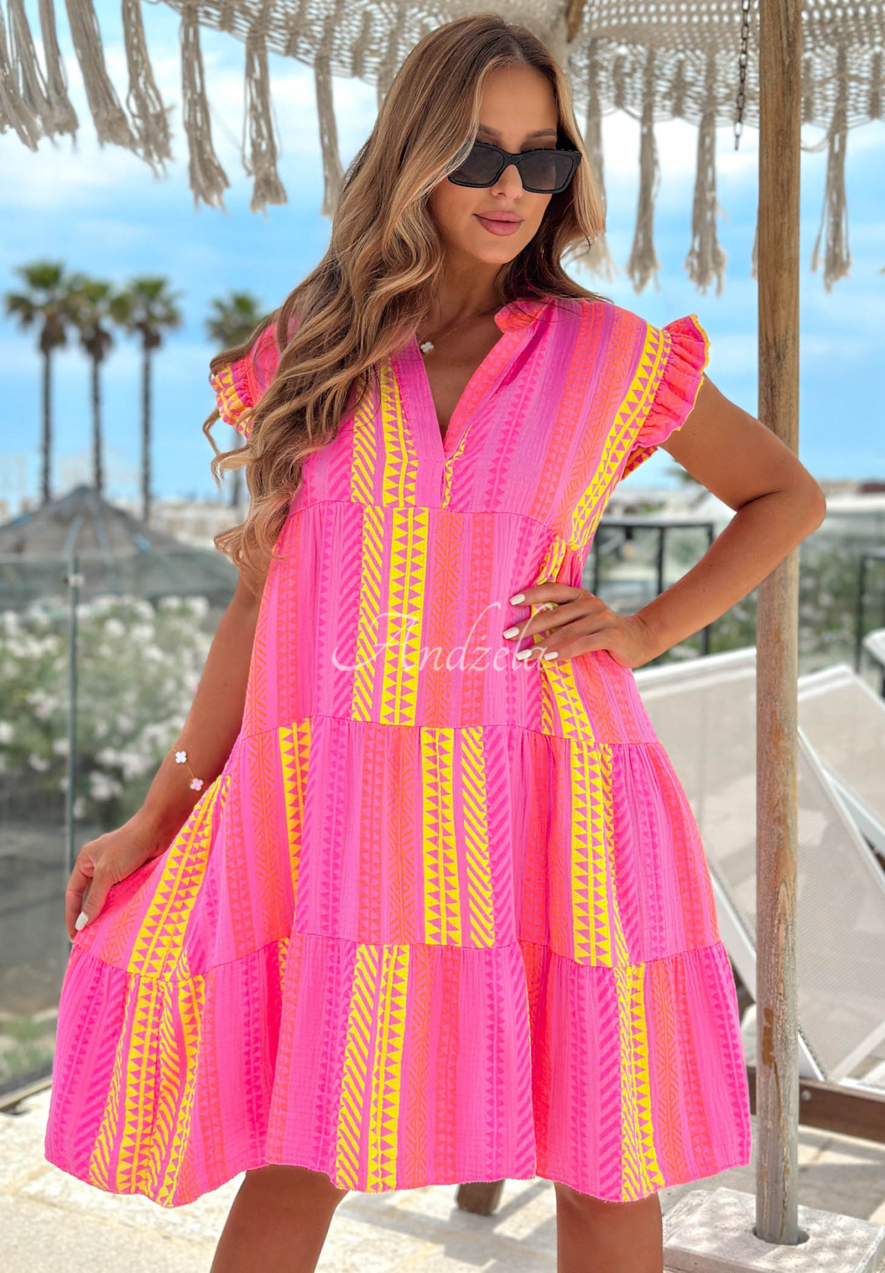 Rochie din bumbac cu imprimeu și volănașe Hello Sunshine