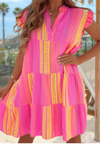 Wzorzysta Rochie mini z falbankami Hello Sunshine różowo-galben
