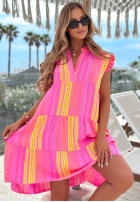 Wzorzysta Rochie mini z falbankami Hello Sunshine różowo-galben