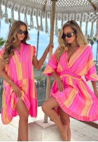 Wzorzysta Rochie mini z falbankami Hello Sunshine różowo-galben