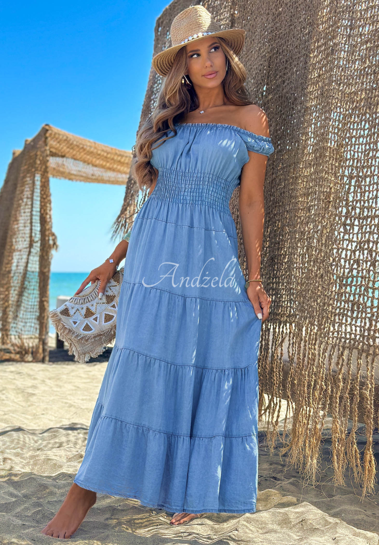Rochie midi din lyocell cu bretele și volănașe Ocean Eyes