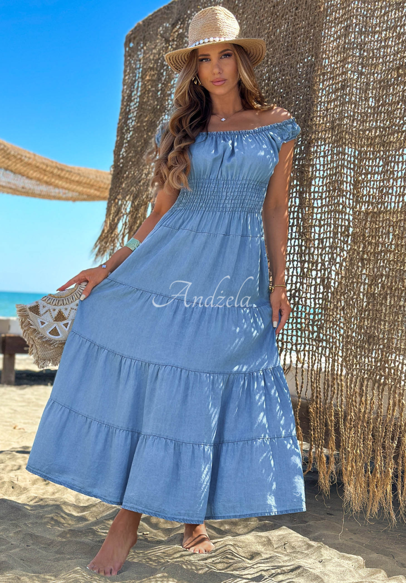 Rochie midi din lyocell cu bretele și volănașe Ocean Eyes