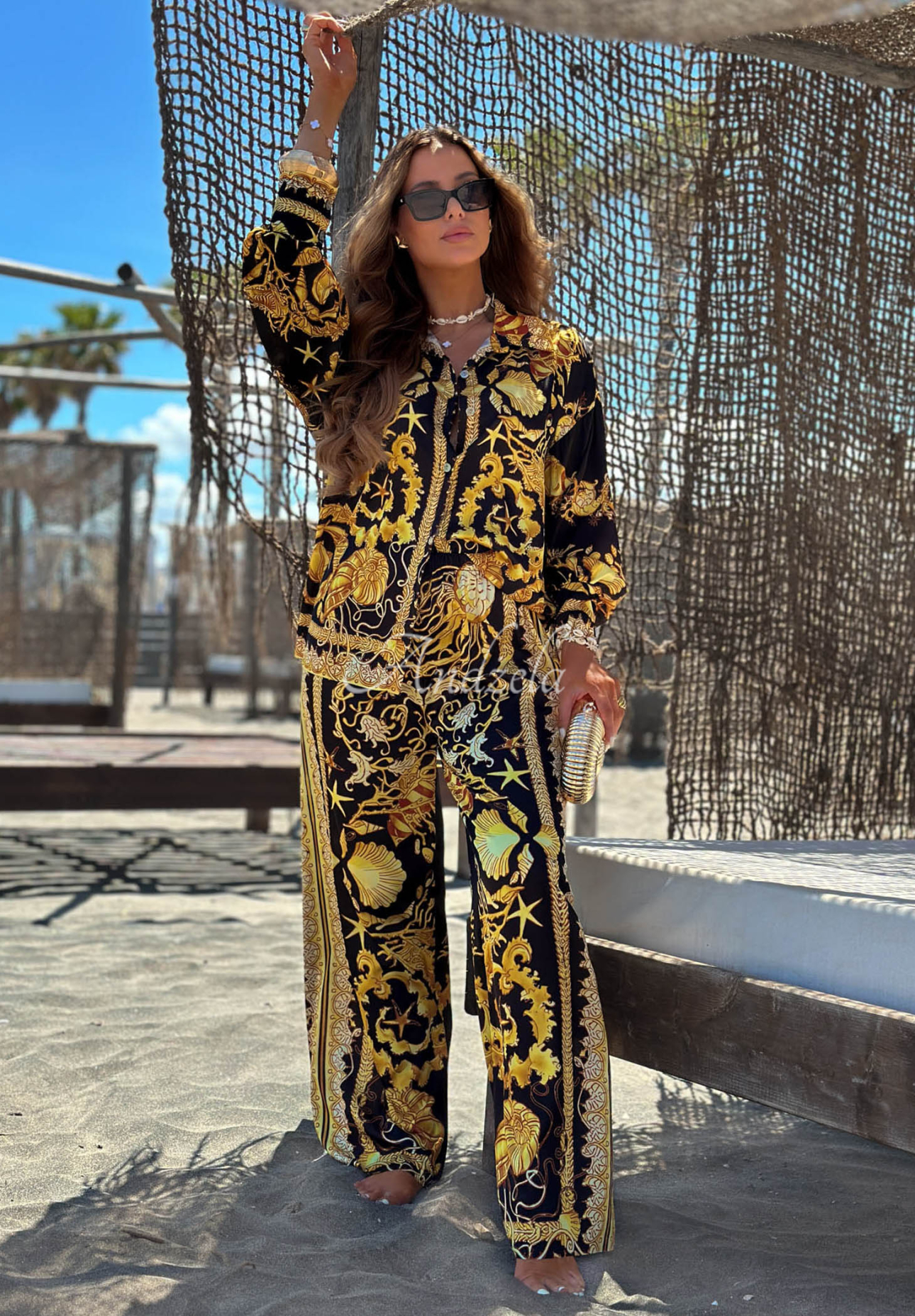 Set satinat cu cămașă și pantaloni wide leg din viscoză Golden Mare