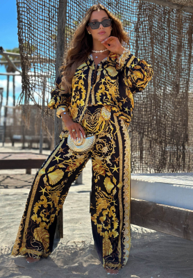 Set satinat cu cămașă și pantaloni wide leg din viscoză Golden Mare