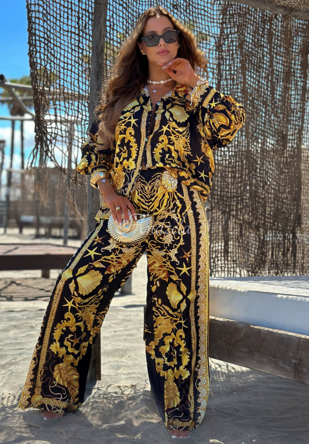 Set satinat cu cămașă și pantaloni wide leg din viscoză Golden Mare