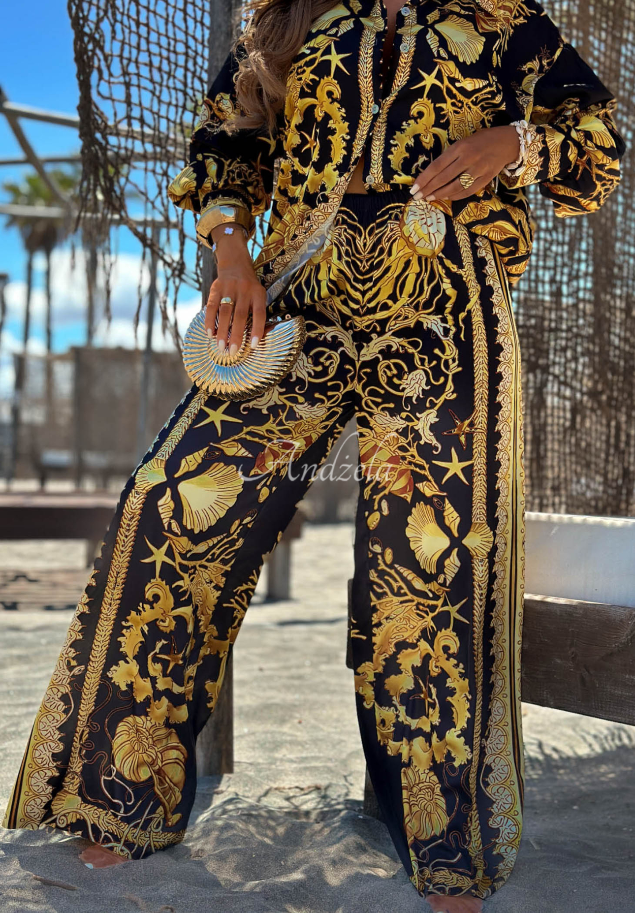 Set satinat cu cămașă și pantaloni wide leg din viscoză Golden Mare