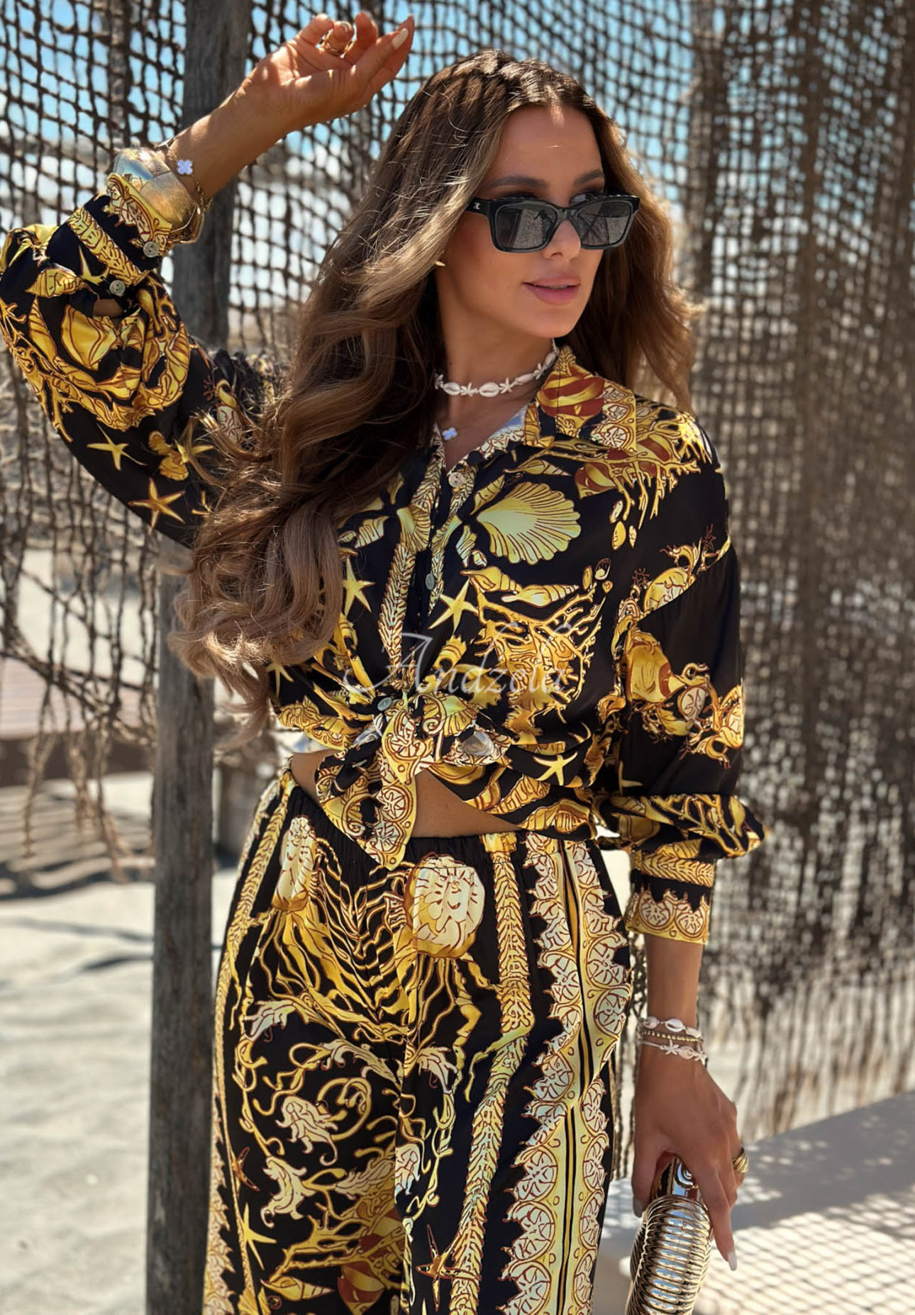 Set satinat cu cămașă și pantaloni wide leg din viscoză Golden Mare