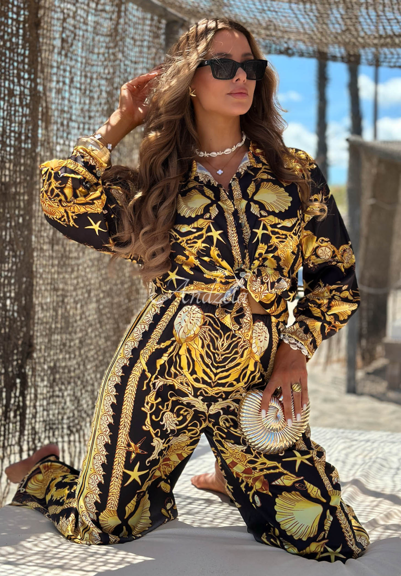 Set satinat cu cămașă și pantaloni wide leg din viscoză Golden Mare