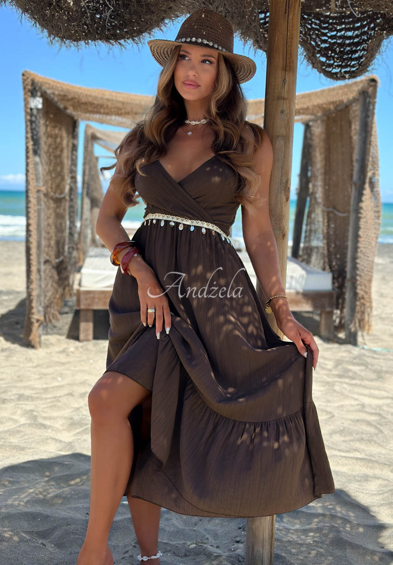 Rochie din viscoză cu bretele și aplicație decorativă Island Muse