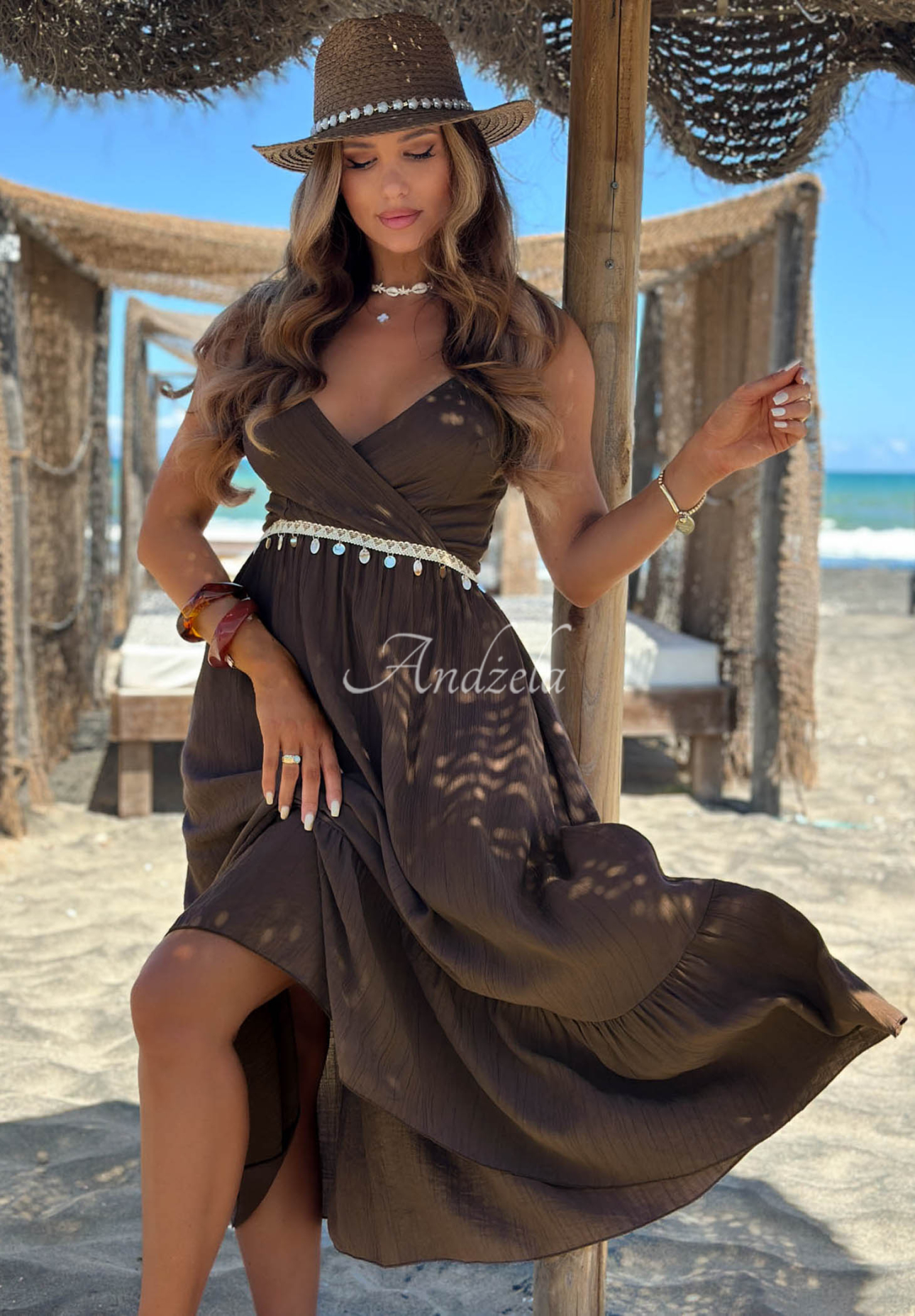 Rochie din viscoză cu bretele și aplicație decorativă Island Muse