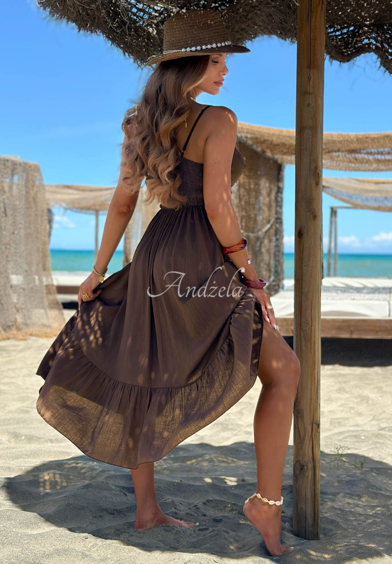 Rochie din viscoză cu bretele și aplicație decorativă Island Muse