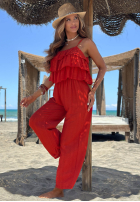Długi Salopetă wide leg na ramiączkach z falbankami Ocean Charm bej