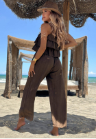 Długi Salopetă wide leg na ramiączkach z falbankami Ocean Charm bej