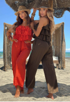 Długi Salopetă wide leg na ramiączkach z falbankami Ocean Charm bej