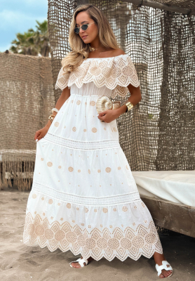 Rochie maxi spaniolă boho ajurată din bumbac Sun Queen