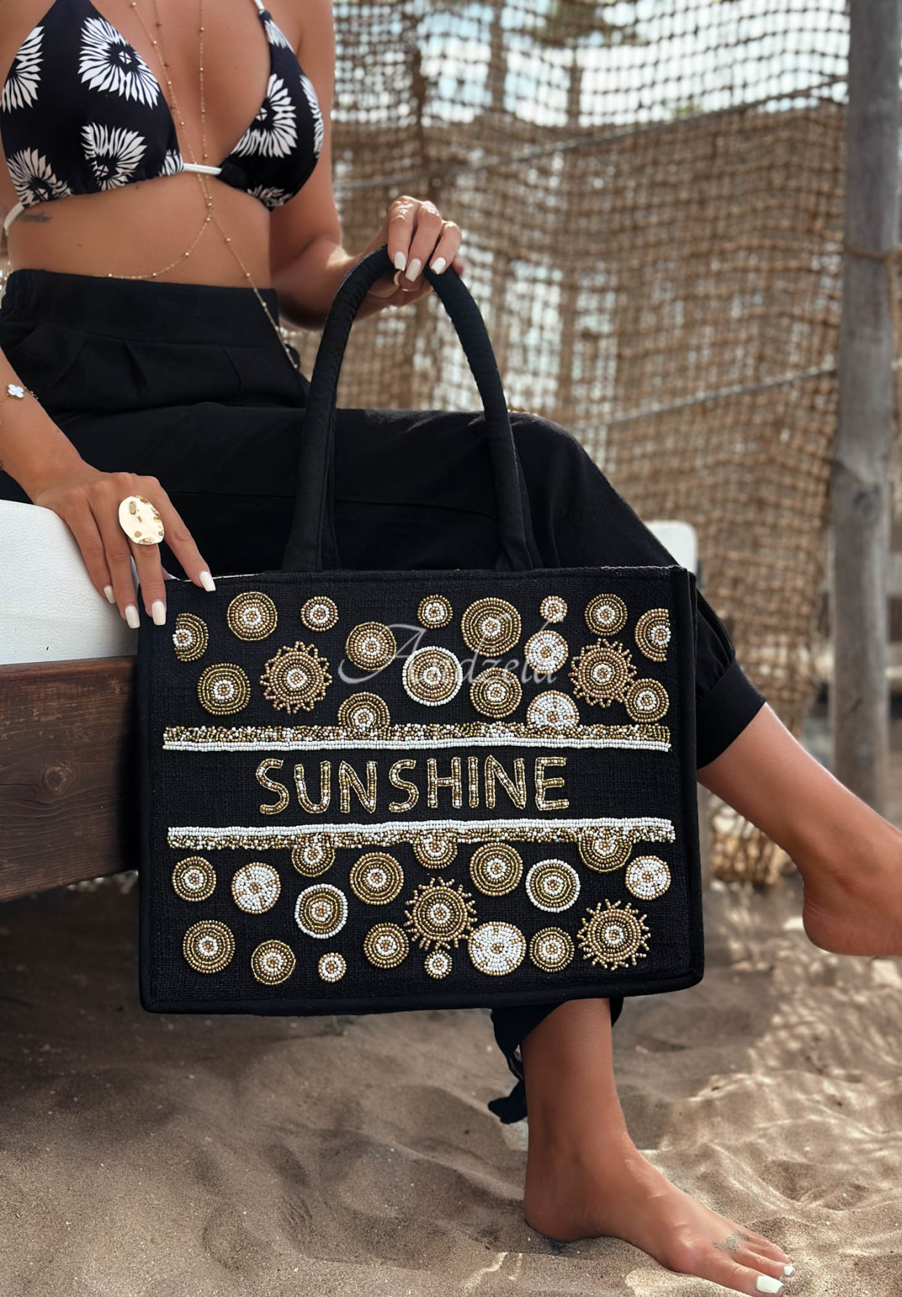 Geantă împletită boho brodată cu mărgele Sunshine Beads