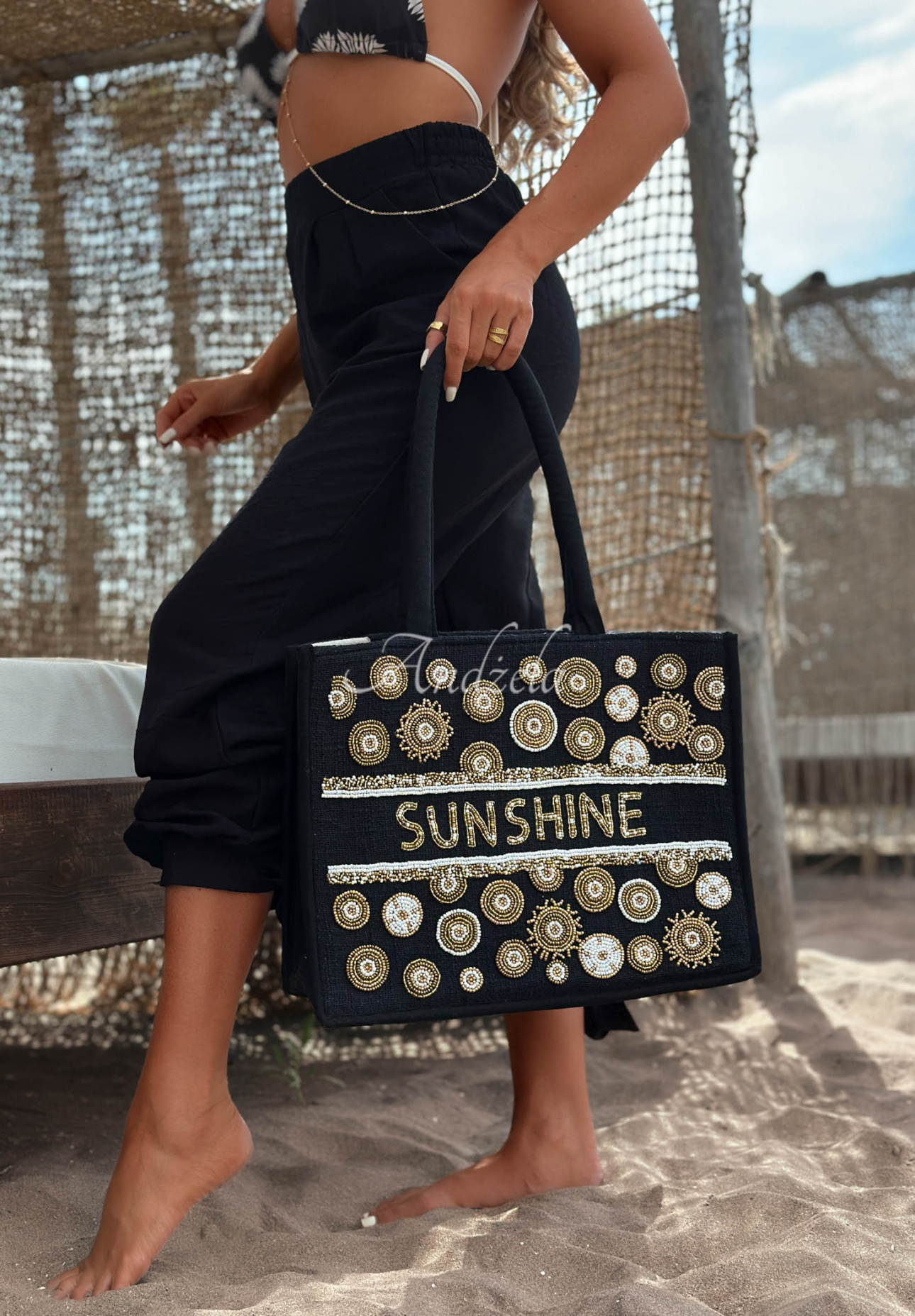 Geantă împletită boho brodată cu mărgele Sunshine Beads