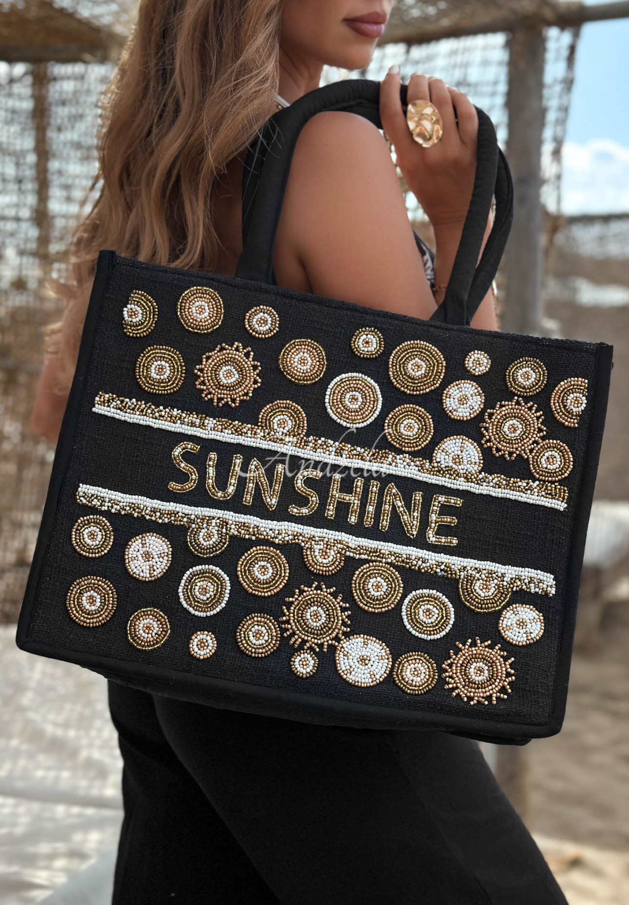Geantă împletită boho brodată cu mărgele Sunshine Beads