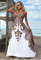 Wzorzysta Rochie maxi na ramiączkach Summer Coffee biało-ciocolatie