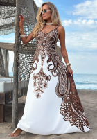 Wzorzysta Rochie maxi na ramiączkach Summer Coffee biało-ciocolatie