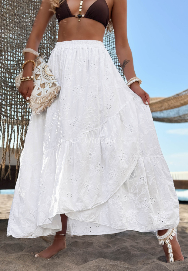 Fustă ajurată din bumbac cu volănașe boho Riviera Daydream
